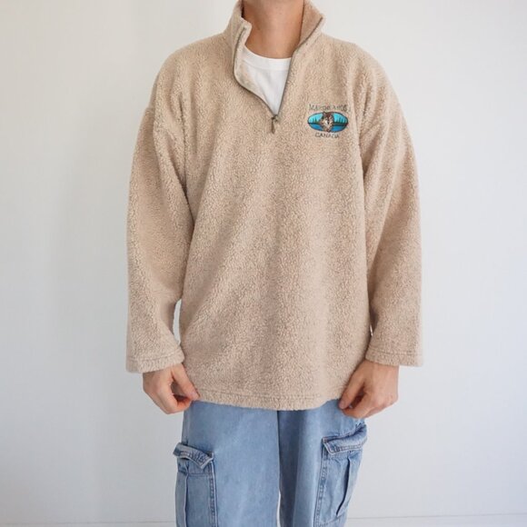 Vintage Marshlands Canada Beige Sherpa Wolf Embroidered Quarter Zip Fleece Large - Picture 1 of 10